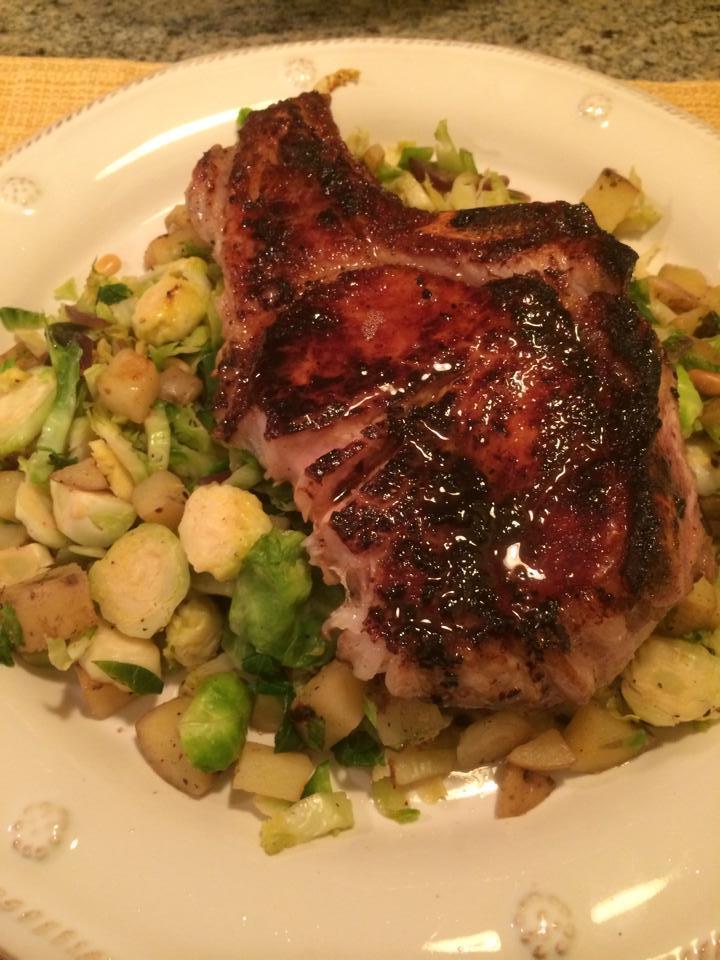 Maple Brown Sugar Pork Chop with Brussels Sprout Hash of Schalene Dagutis - Recipefy